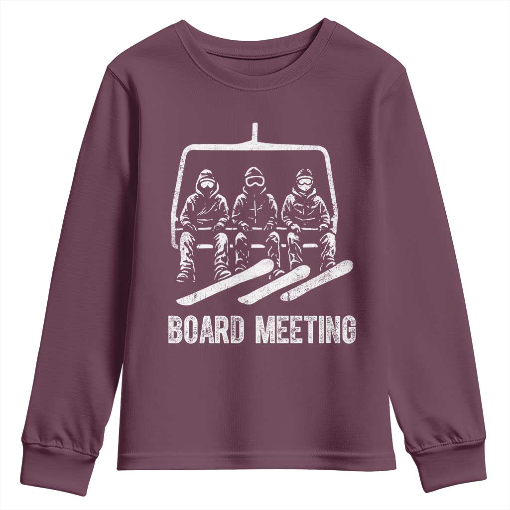 Funny Snowboarding Board Meeting Youth Sweatshirt Chairlift Snowboarders Powder Junkies TS02 Maroon Print Your Wear