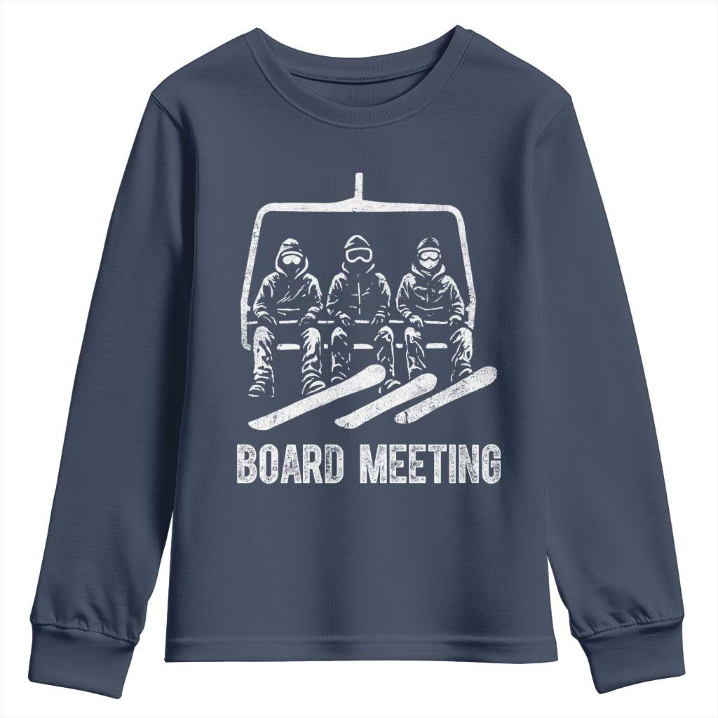 Funny Snowboarding Board Meeting Youth Sweatshirt Chairlift Snowboarders Powder Junkies TS02 Navy Print Your Wear