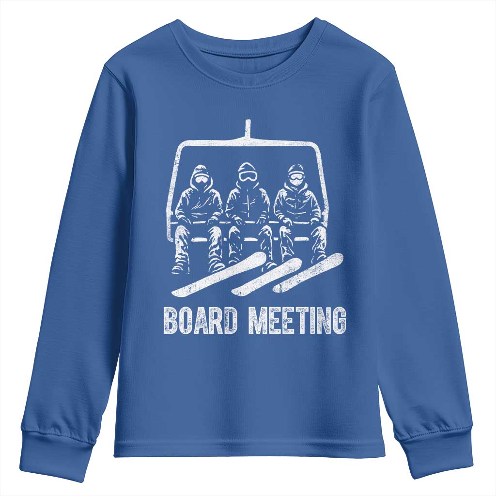 Funny Snowboarding Board Meeting Youth Sweatshirt Chairlift Snowboarders Powder Junkies TS02 Royal Blue Print Your Wear