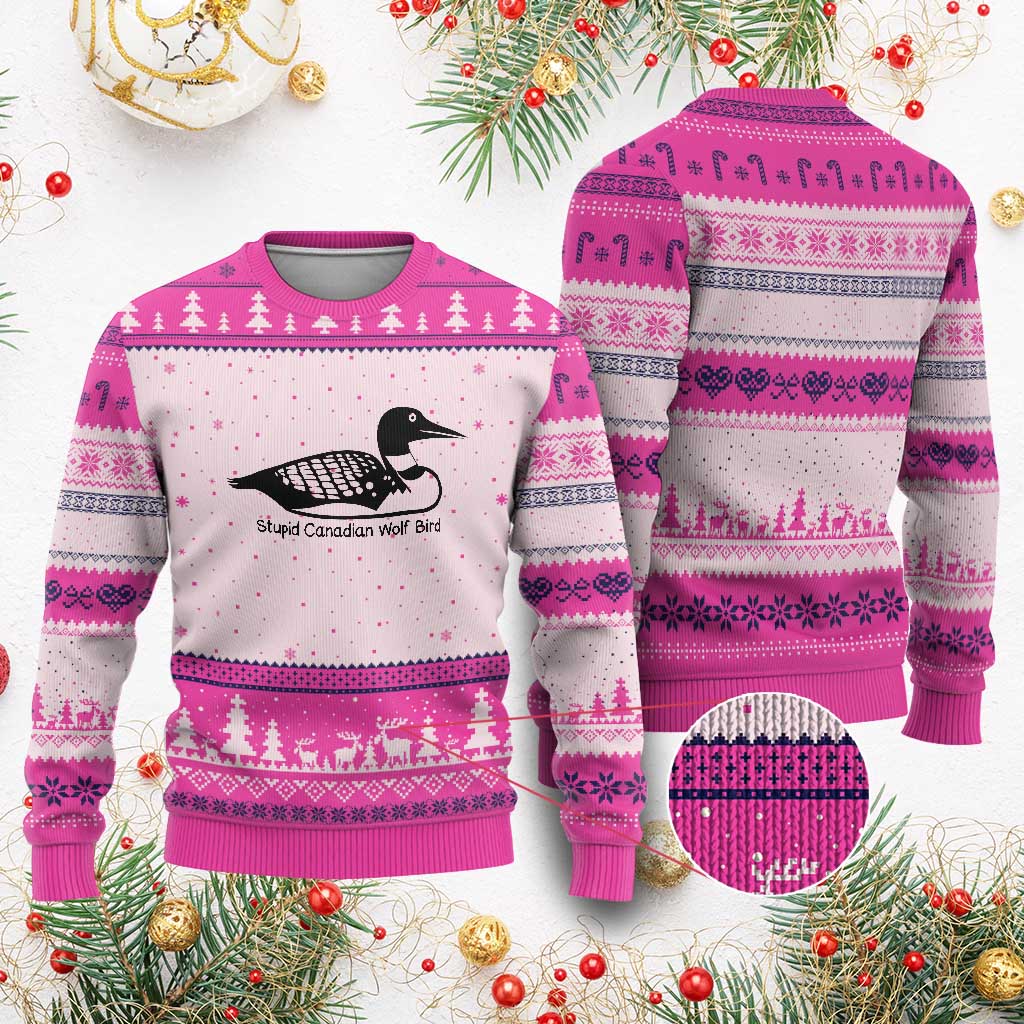 Stupid Canadian Wolf Bird Ugly Christmas Sweater Funny Common Loon Meme Dry Humor TS02 Hot Pink Print Your Wear