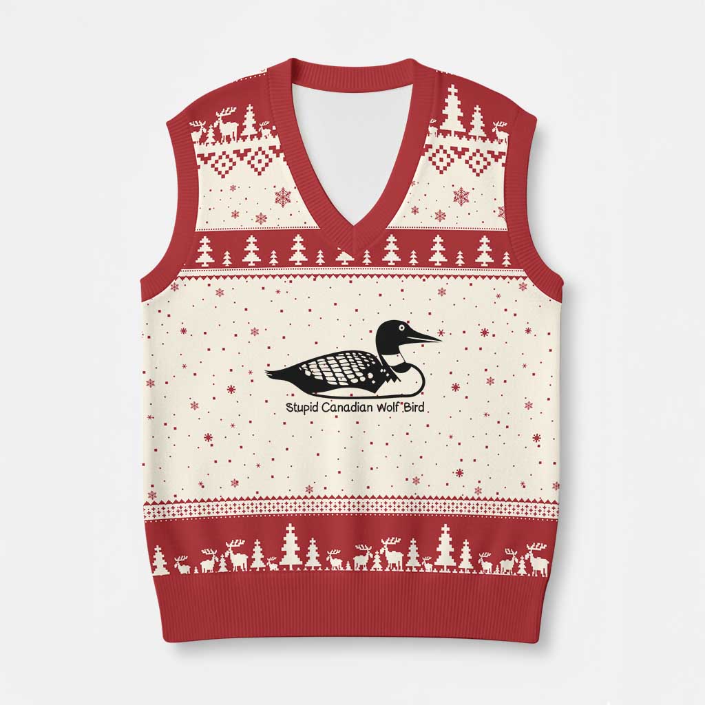 Stupid Canadian Wolf Bird V-Neck Knit Sweater Vest Funny Common Loon Meme Dry Humor TS02 Beige Red Print Your Wear