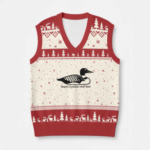 Stupid Canadian Wolf Bird V-Neck Knit Sweater Vest Funny Common Loon Meme Dry Humor TS02 Beige Red Print Your Wear