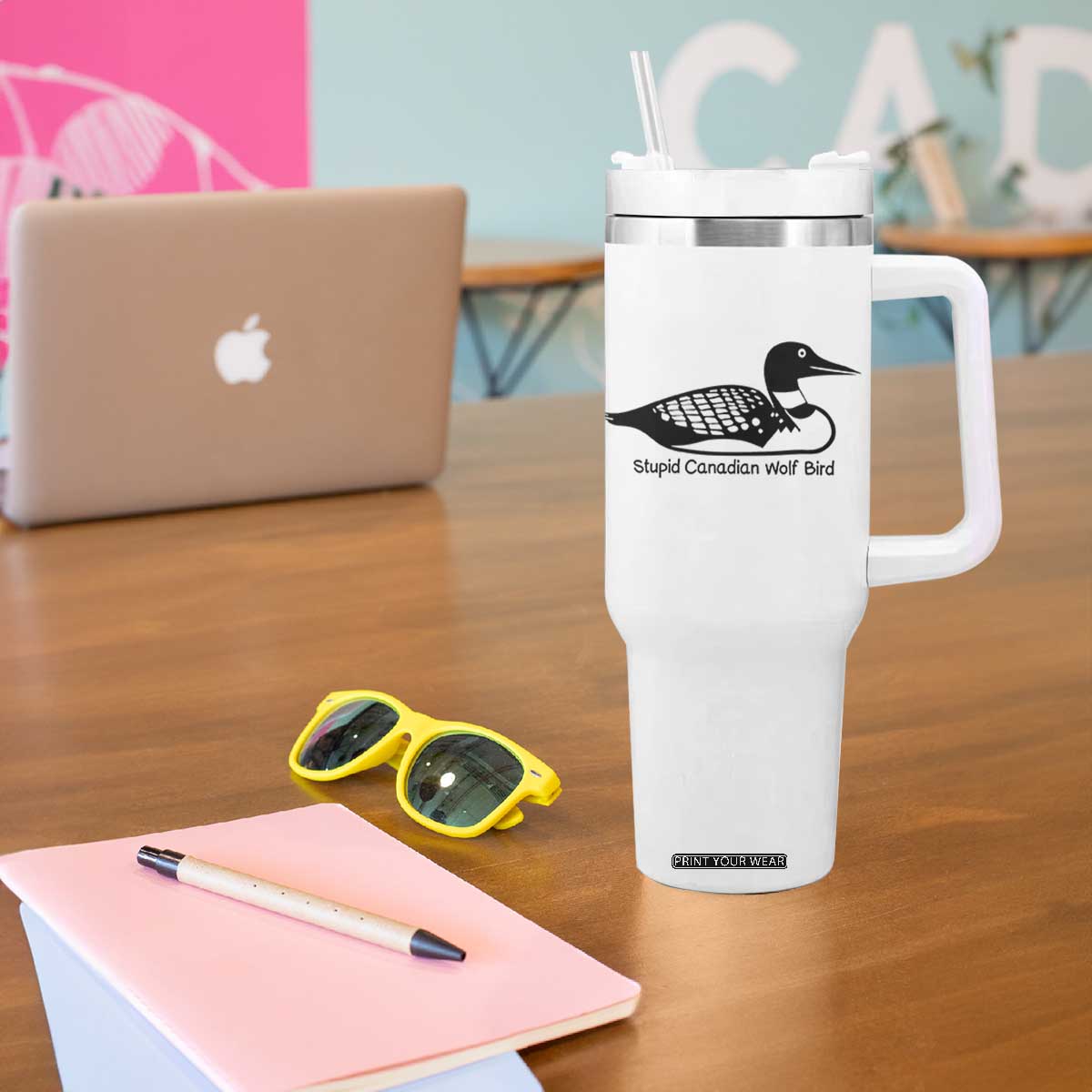 Stupid Canadian Wolf Bird Tumbler With Handle Funny Common Loon Meme Dry Humor TS02 Print Your Wear