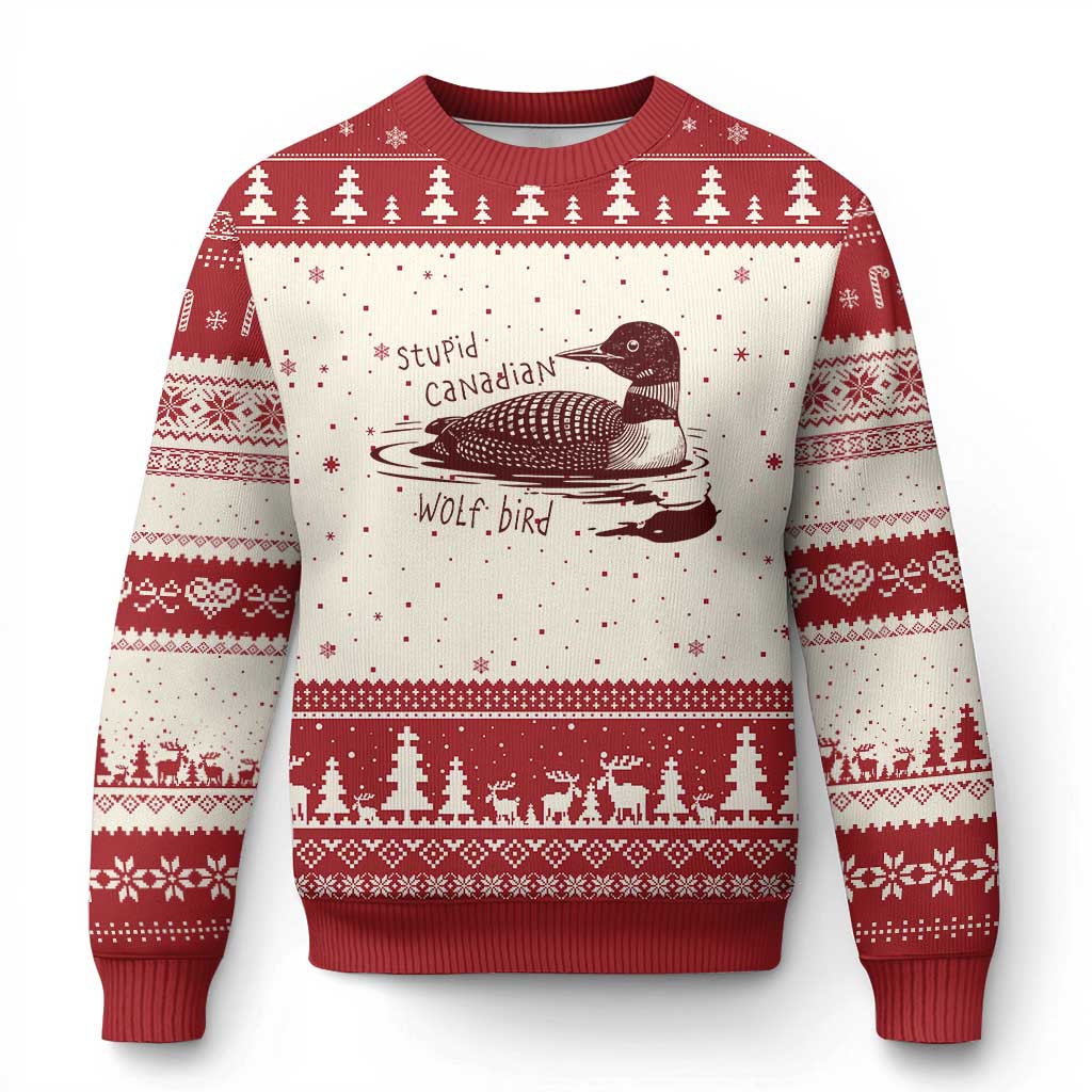 Stupid Canadian Wolf Bird Common Loon Ugly Christmas Sweater Funny Absurd Bird Meme Humor TS02 Beige Red Print Your Wear