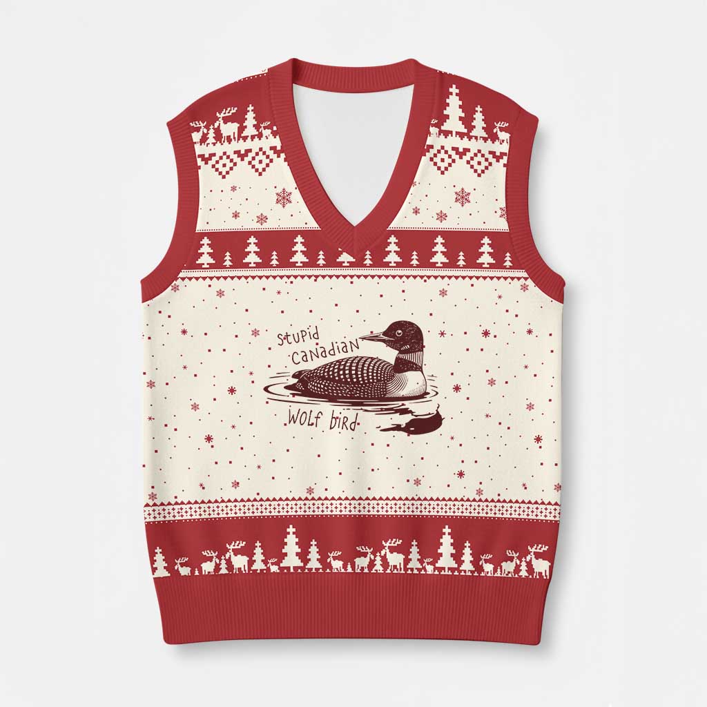Stupid Canadian Wolf Bird Common Loon V-Neck Knit Sweater Vest Funny Absurd Bird Meme Humor TS02 Beige Red Print Your Wear