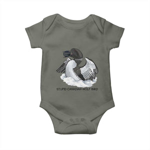 Funny Stupid Canadian Wolf Bird Baby Onesie Common Loon with Hockey Puck Bird Meme TS02 Military Green Print Your Wear