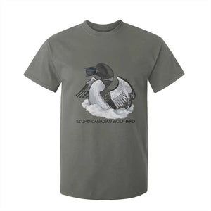 Funny Stupid Canadian Wolf Bird T Shirt For Kid Common Loon with Hockey Puck Bird Meme TS02 Military Green Print Your Wear