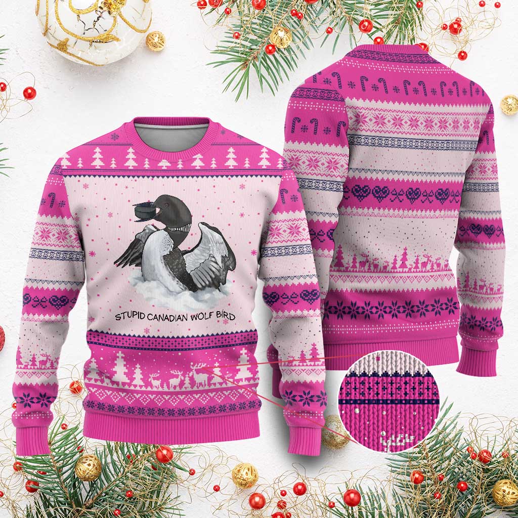 Funny Stupid Canadian Wolf Bird Ugly Christmas Sweater Common Loon with Hockey Puck Bird Meme TS02 Hot Pink Print Your Wear