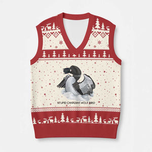 Funny Stupid Canadian Wolf Bird V-Neck Knit Sweater Vest Common Loon with Hockey Puck Bird Meme TS02 Beige Red Print Your Wear