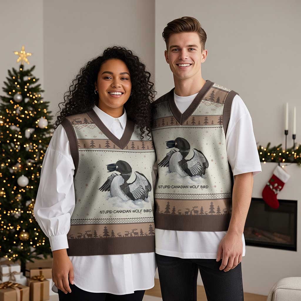 Funny Stupid Canadian Wolf Bird V-Neck Knit Sweater Vest Common Loon with Hockey Puck Bird Meme TS02 Mocha Mousse Print Your Wear
