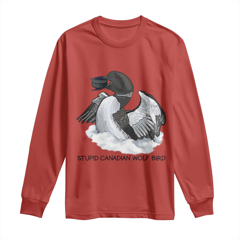 Funny Stupid Canadian Wolf Bird Long Sleeve Shirt Common Loon with Hockey Puck Bird Meme TS02 Red Print Your Wear