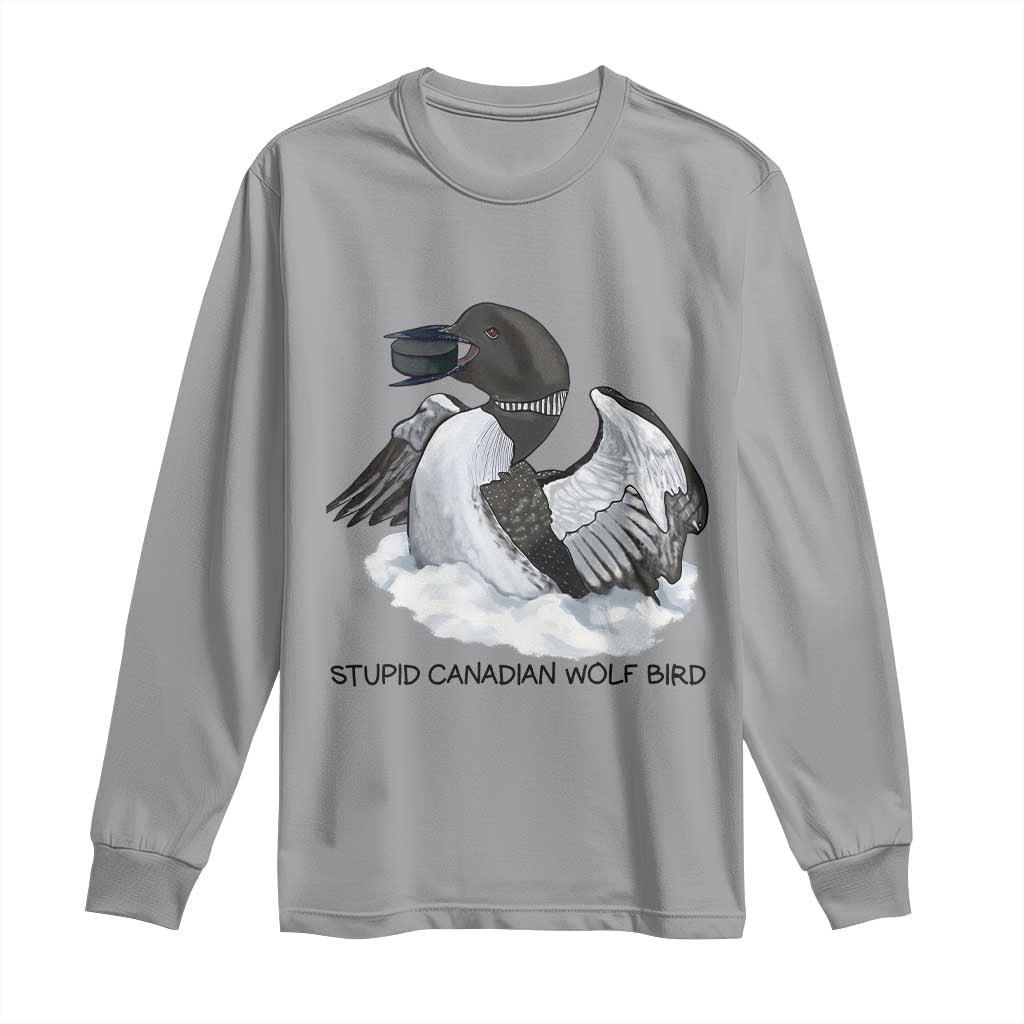 Funny Stupid Canadian Wolf Bird Long Sleeve Shirt Common Loon with Hockey Puck Bird Meme TS02 Sport Gray Print Your Wear