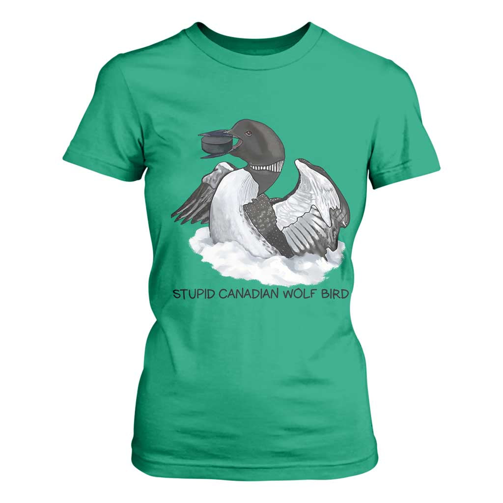 Funny Stupid Canadian Wolf Bird T Shirt For Women Common Loon with Hockey Puck Bird Meme TS02 Irish Green Print Your Wear