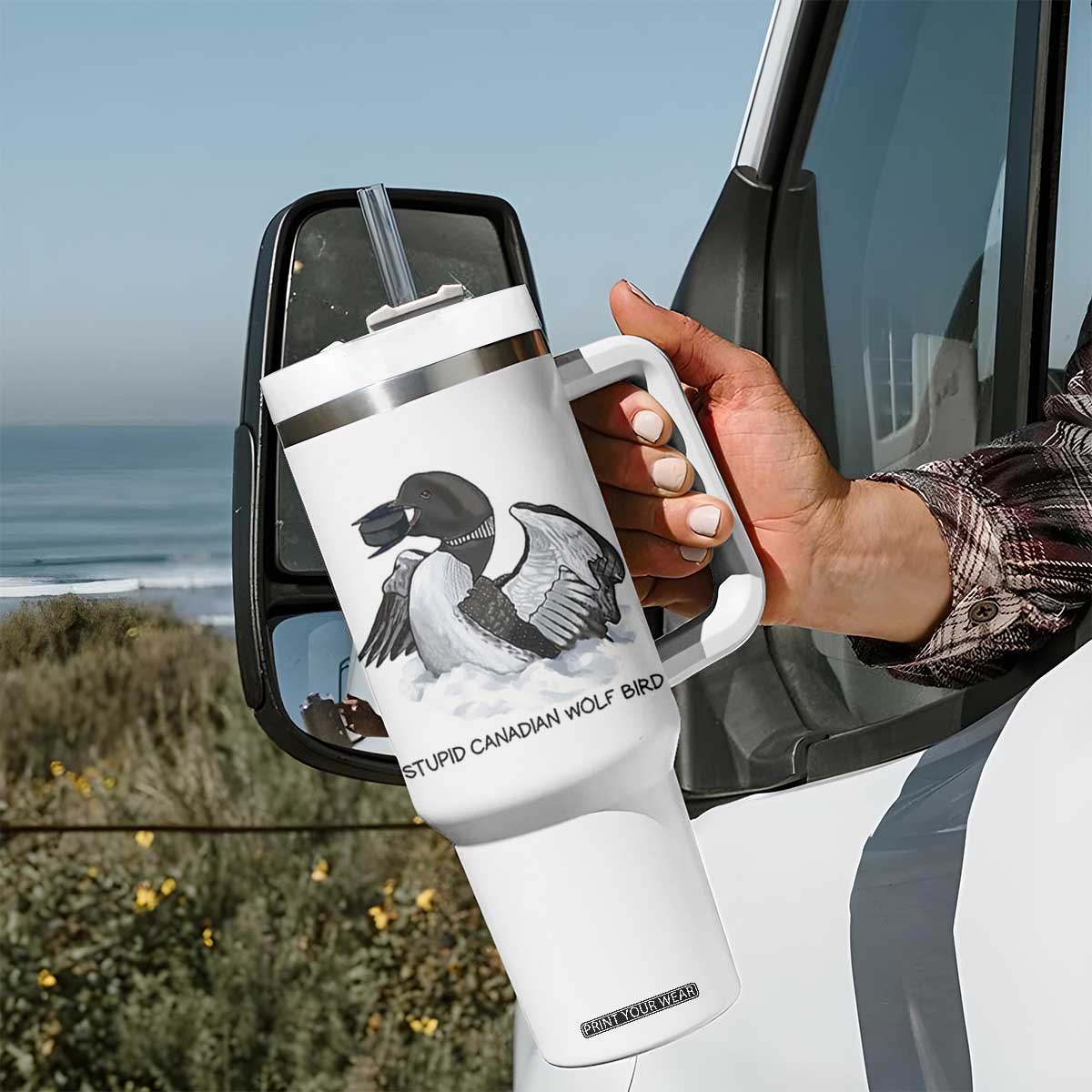 Funny Stupid Canadian Wolf Bird Tumbler With Handle Common Loon with Hockey Puck Bird Meme TS02 Print Your Wear