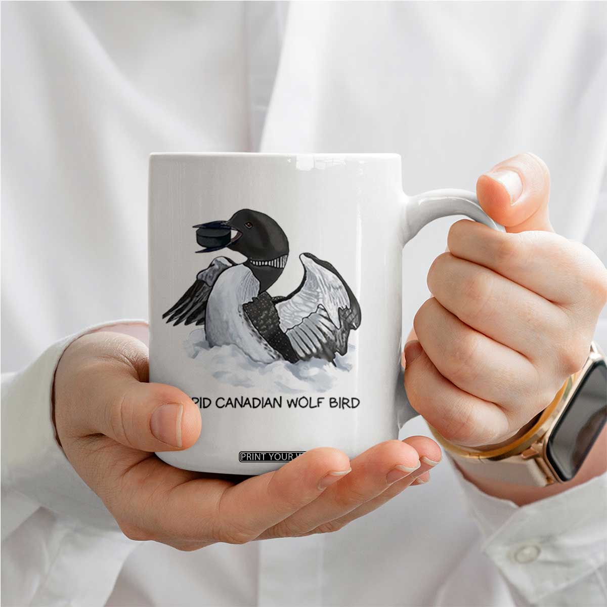 Funny Stupid Canadian Wolf Bird Coffee Mug Common Loon with Hockey Puck Bird Meme TS02 Print Your Wear