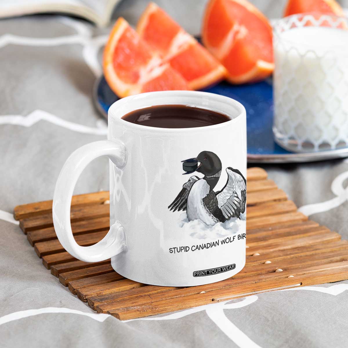 Funny Stupid Canadian Wolf Bird Coffee Mug Common Loon with Hockey Puck Bird Meme TS02 Print Your Wear