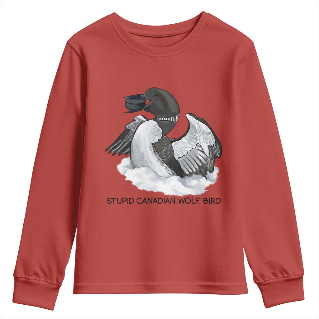 Funny Stupid Canadian Wolf Bird Youth Sweatshirt Common Loon with Hockey Puck Bird Meme TS02 Red Print Your Wear