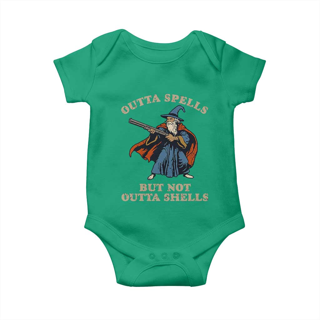 Outta Spells But Not Outta Shells Baby Onesie Funny Wizard Fantasy Meme TS02 Irish Green Print Your Wear