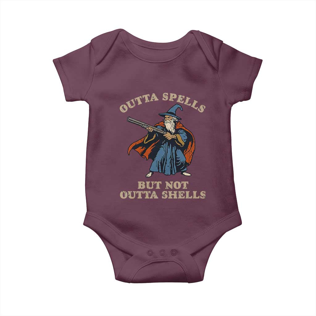 Outta Spells But Not Outta Shells Baby Onesie Funny Wizard Fantasy Meme TS02 Maroon Print Your Wear
