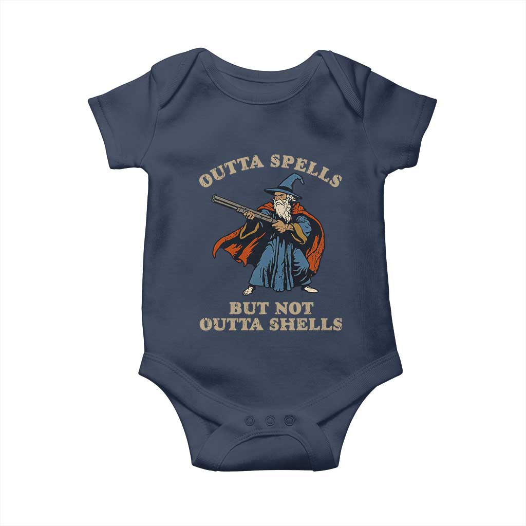 Outta Spells But Not Outta Shells Baby Onesie Funny Wizard Fantasy Meme TS02 Navy Print Your Wear
