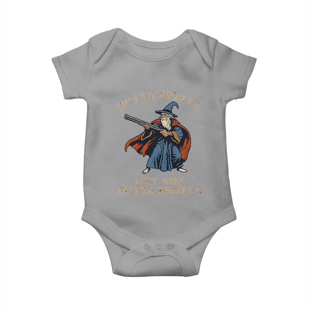Outta Spells But Not Outta Shells Baby Onesie Funny Wizard Fantasy Meme TS02 Sport Gray Print Your Wear