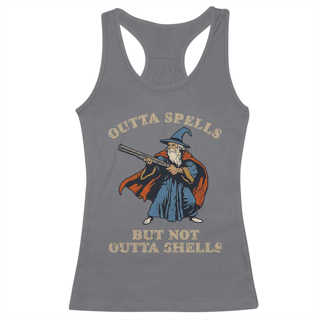 Outta Spells But Not Outta Shells Racerback Tank Top Funny Wizard Fantasy Meme TS02 Charcoal Print Your Wear