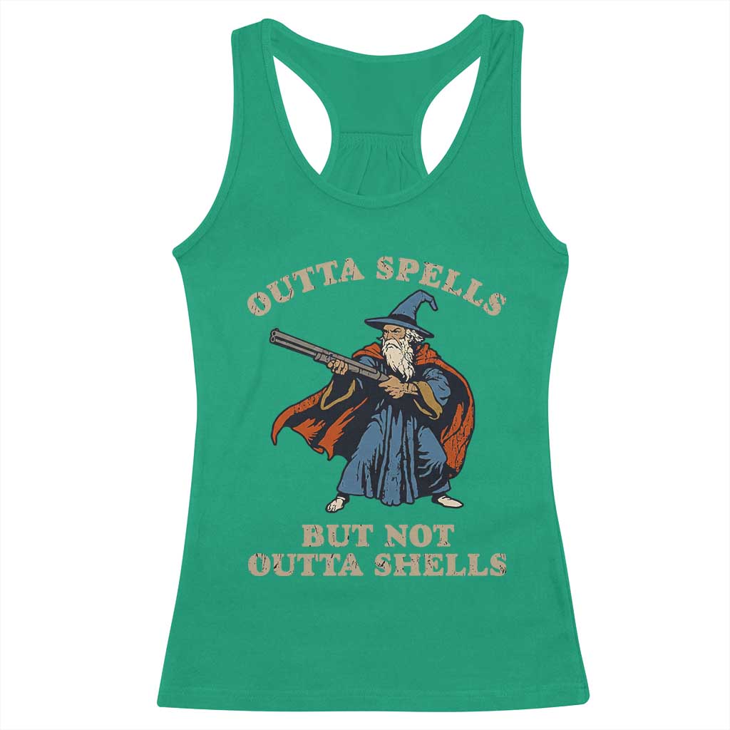 Outta Spells But Not Outta Shells Racerback Tank Top Funny Wizard Fantasy Meme TS02 Irish Green Print Your Wear