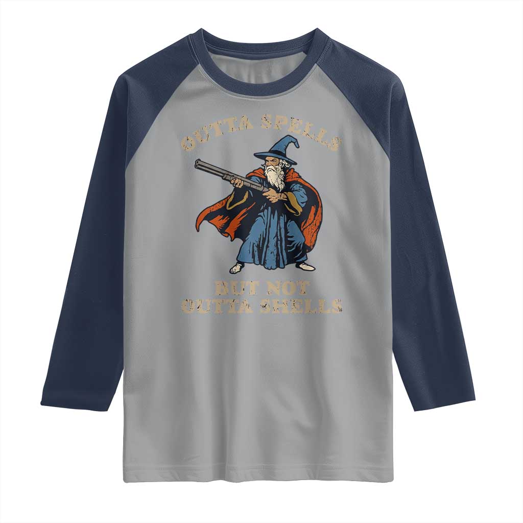 Outta Spells But Not Outta Shells Raglan Shirt Funny Wizard Fantasy Meme TS02 Sport Gray Navy Print Your Wear