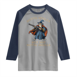 Outta Spells But Not Outta Shells Raglan Shirt Funny Wizard Fantasy Meme TS02 Sport Gray Navy Print Your Wear