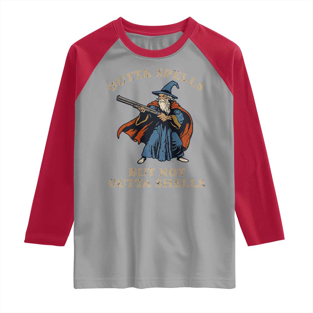 Outta Spells But Not Outta Shells Raglan Shirt Funny Wizard Fantasy Meme TS02 Sport Gray Red Print Your Wear