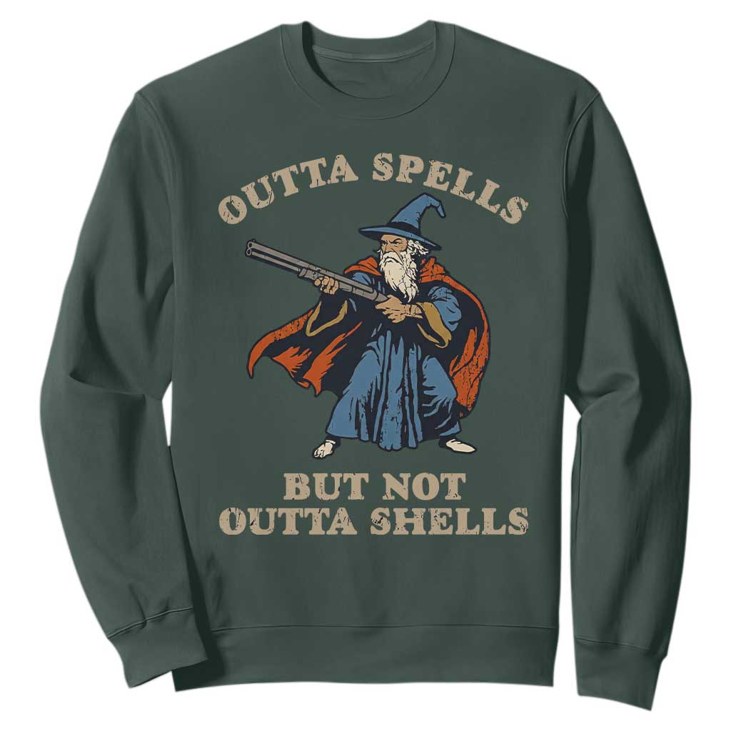Outta Spells But Not Outta Shells Sweatshirt Funny Wizard Fantasy Meme TS02 Dark Forest Green Print Your Wear
