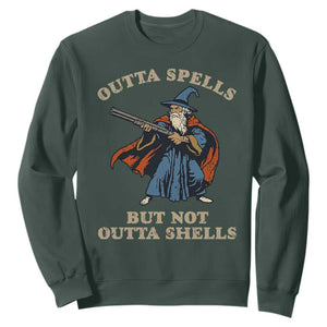 Outta Spells But Not Outta Shells Sweatshirt Funny Wizard Fantasy Meme TS02 Dark Forest Green Print Your Wear