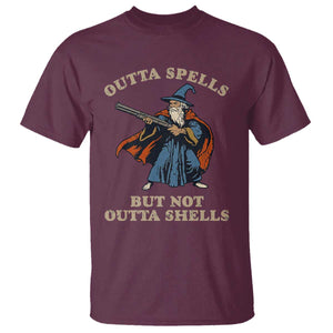 Outta Spells But Not Outta Shells T Shirt Funny Wizard Fantasy Meme TS02 Maroon Print Your Wear