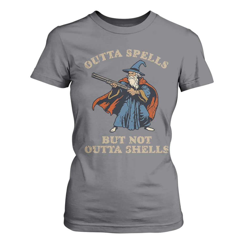 Outta Spells But Not Outta Shells T Shirt For Women Funny Wizard Fantasy Meme TS02 Charcoal Print Your Wear