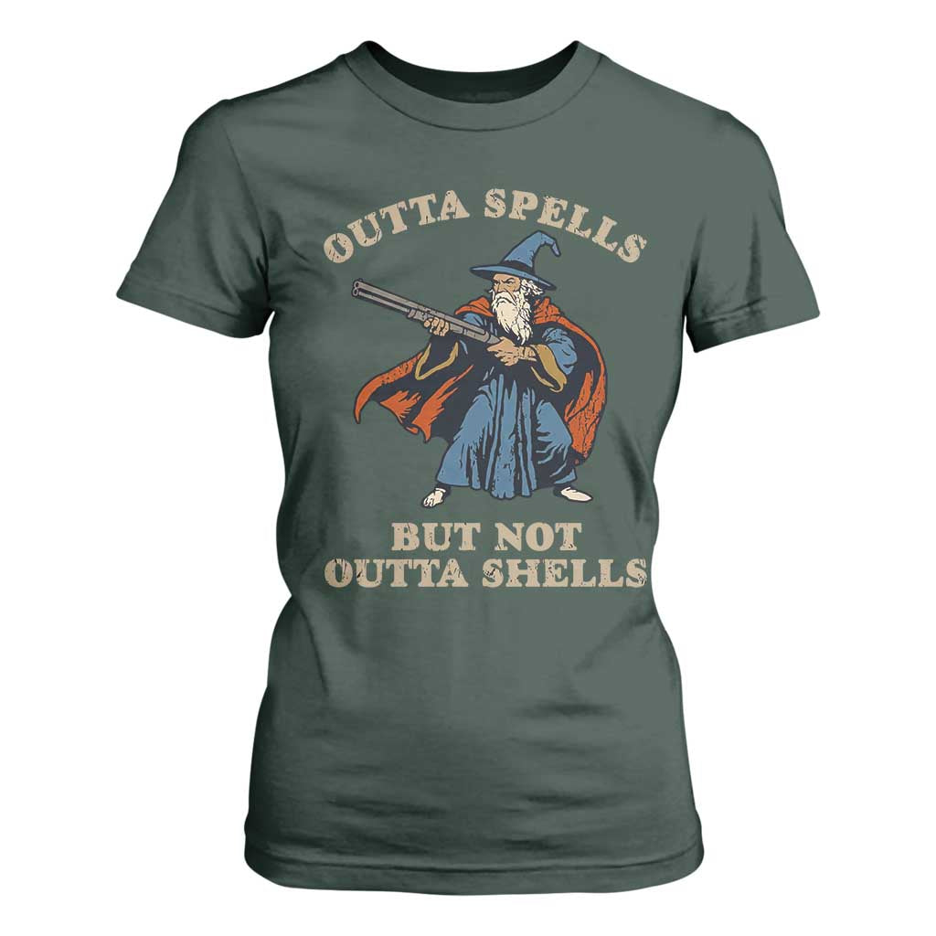 Outta Spells But Not Outta Shells T Shirt For Women Funny Wizard Fantasy Meme TS02 Dark Forest Green Print Your Wear