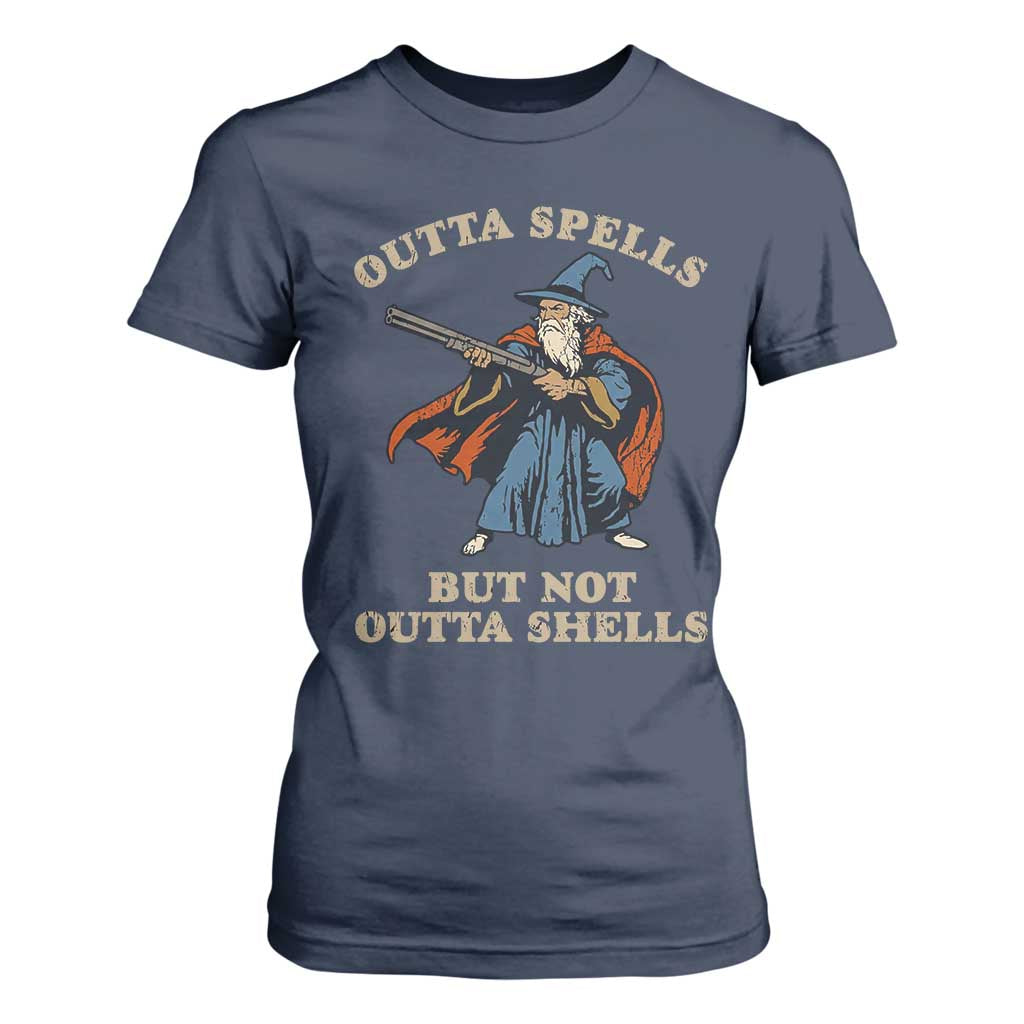 Outta Spells But Not Outta Shells T Shirt For Women Funny Wizard Fantasy Meme TS02 Navy Print Your Wear