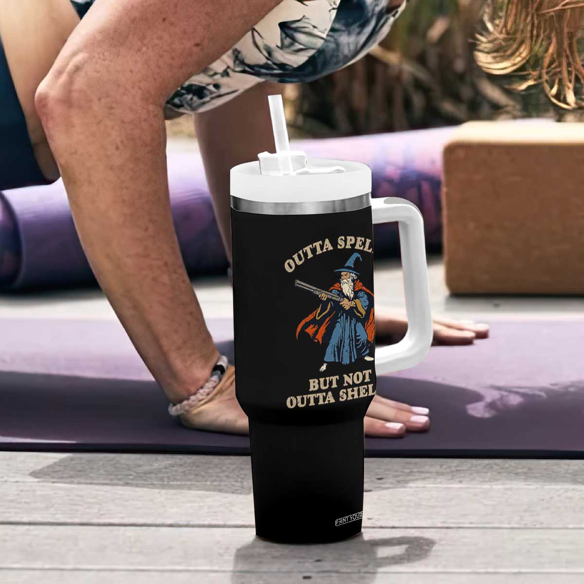 Outta Spells But Not Outta Shells Tumbler With Handle Funny Wizard Fantasy Meme TS02 Print Your Wear