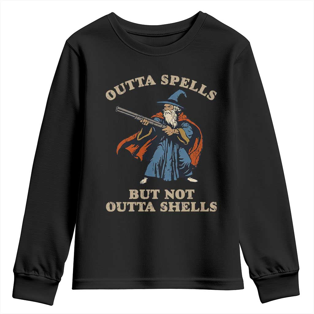 Outta Spells But Not Outta Shells Youth Sweatshirt Funny Wizard Fantasy Meme TS02 Black Print Your Wear