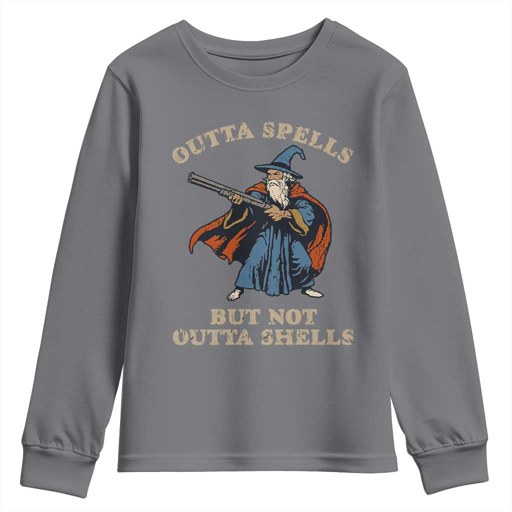 Outta Spells But Not Outta Shells Youth Sweatshirt Funny Wizard Fantasy Meme TS02 Charcoal Print Your Wear