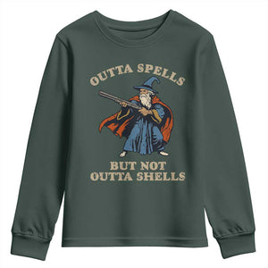 Outta Spells But Not Outta Shells Youth Sweatshirt Funny Wizard Fantasy Meme TS02 Dark Forest Green Print Your Wear