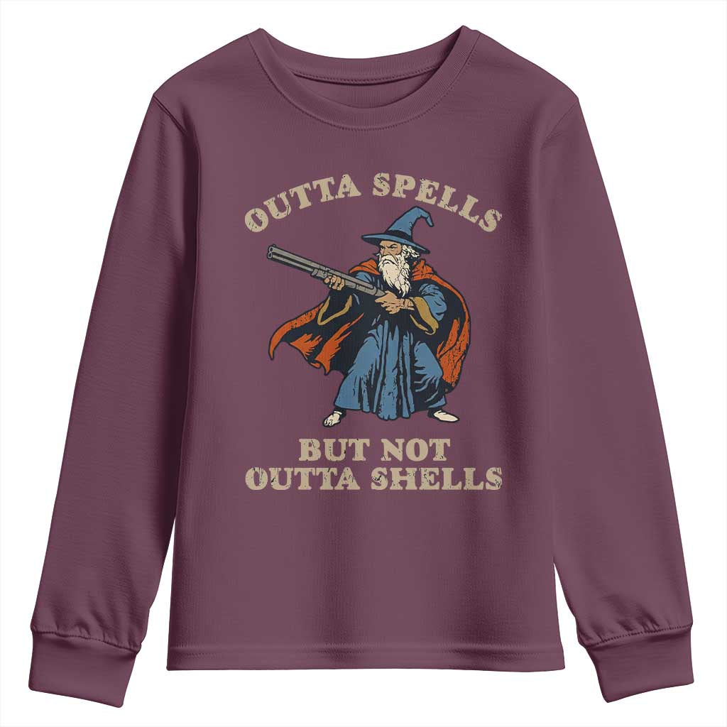 Outta Spells But Not Outta Shells Youth Sweatshirt Funny Wizard Fantasy Meme TS02 Maroon Print Your Wear