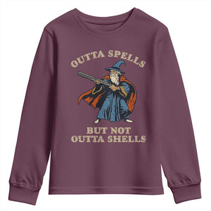 Outta Spells But Not Outta Shells Youth Sweatshirt Funny Wizard Fantasy Meme TS02 Maroon Print Your Wear
