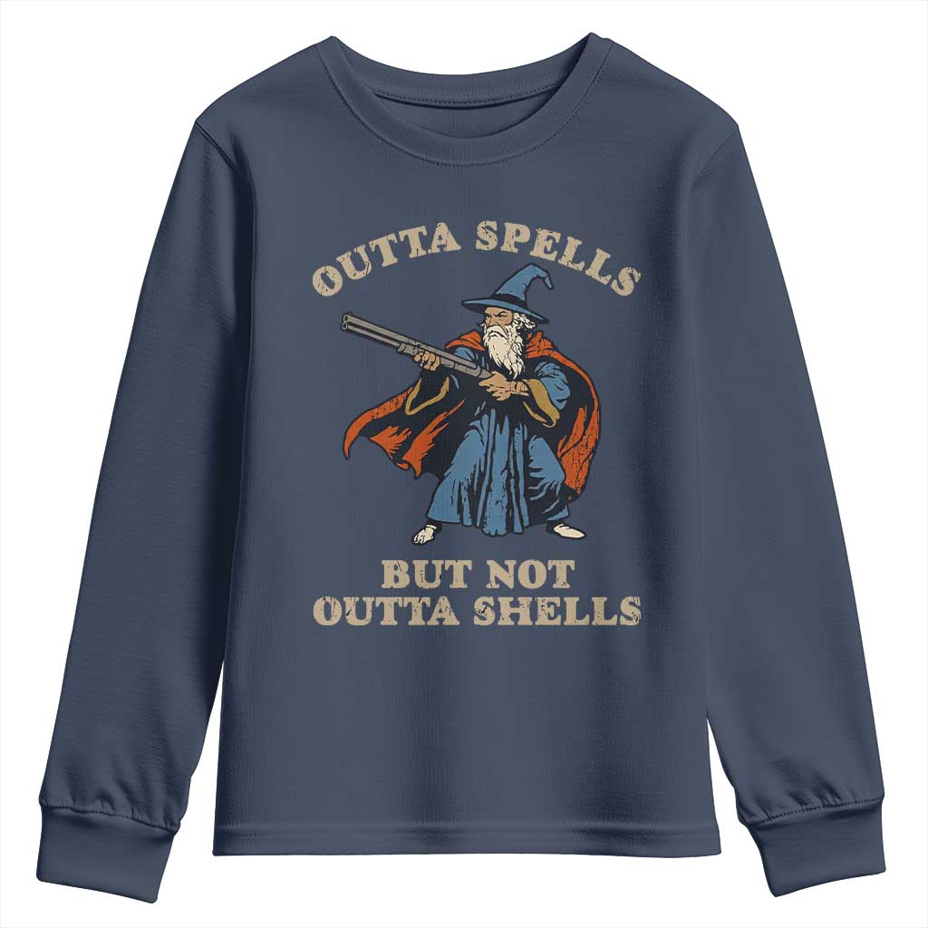 Outta Spells But Not Outta Shells Youth Sweatshirt Funny Wizard Fantasy Meme TS02 Navy Print Your Wear