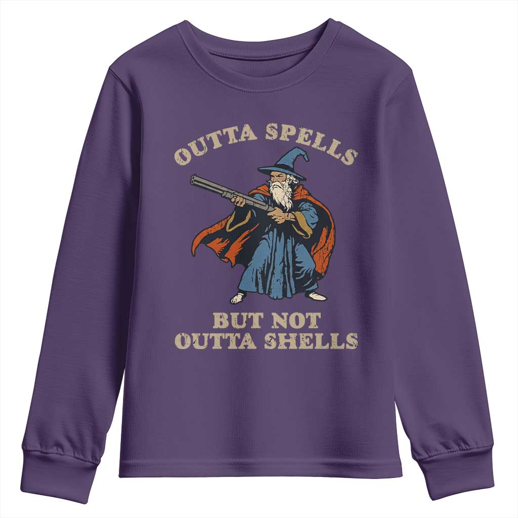 Outta Spells But Not Outta Shells Youth Sweatshirt Funny Wizard Fantasy Meme TS02 Purple Print Your Wear