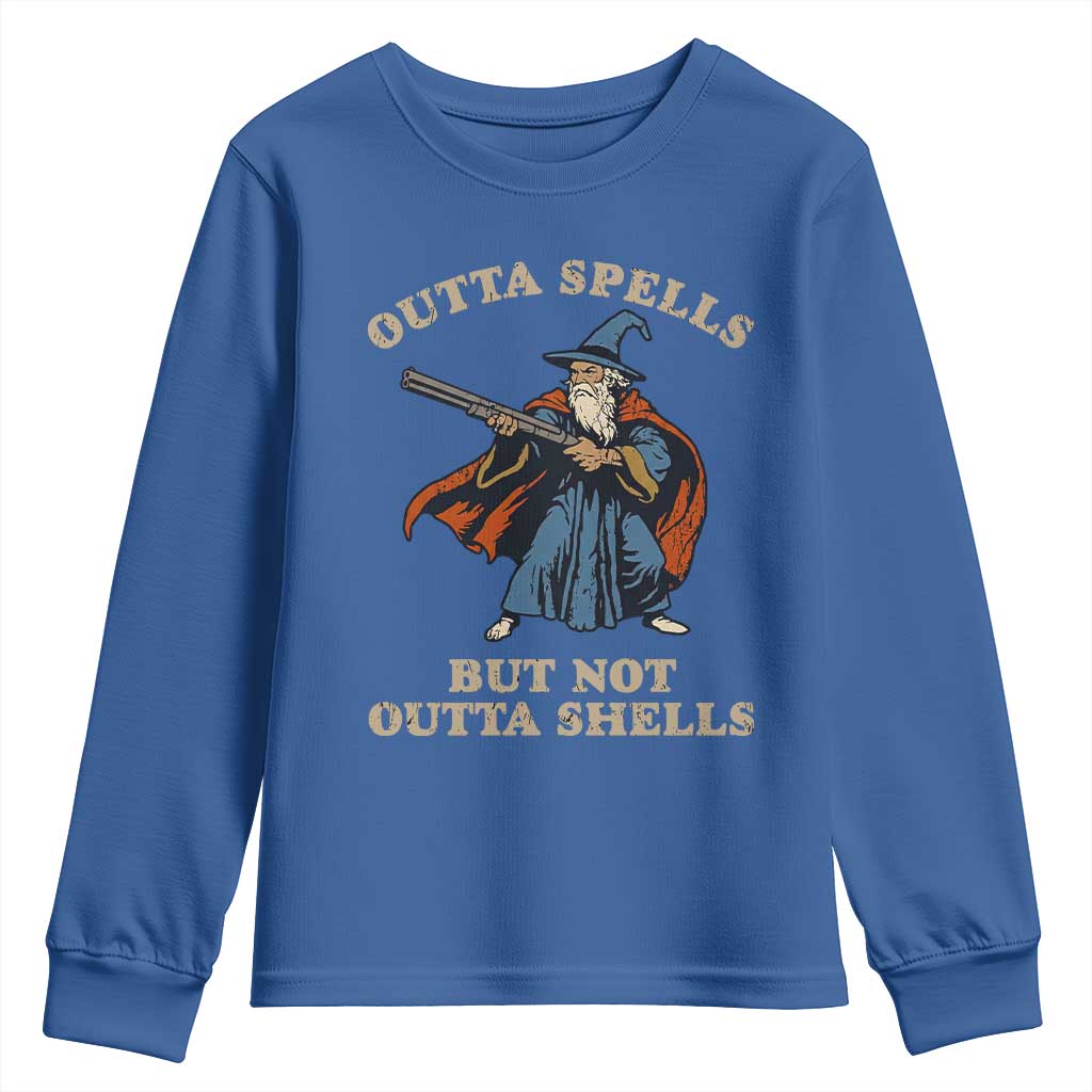 Outta Spells But Not Outta Shells Youth Sweatshirt Funny Wizard Fantasy Meme TS02 Royal Blue Print Your Wear