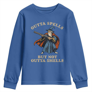 Outta Spells But Not Outta Shells Youth Sweatshirt Funny Wizard Fantasy Meme TS02 Royal Blue Print Your Wear