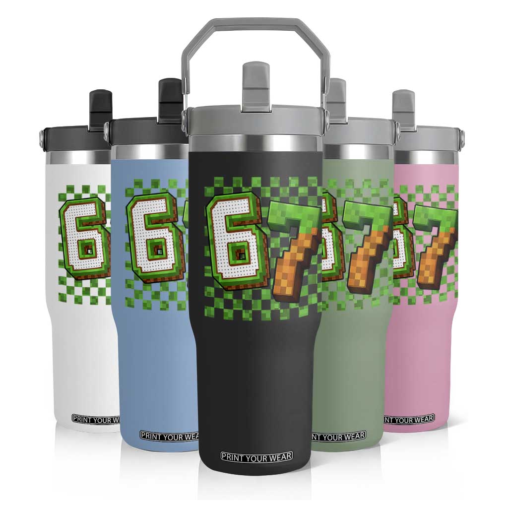 Funny 67 Pixel Style Graphic Flip Straw Tumbler Viral Six Seven Meme Gamer TS02 Print Your Wear