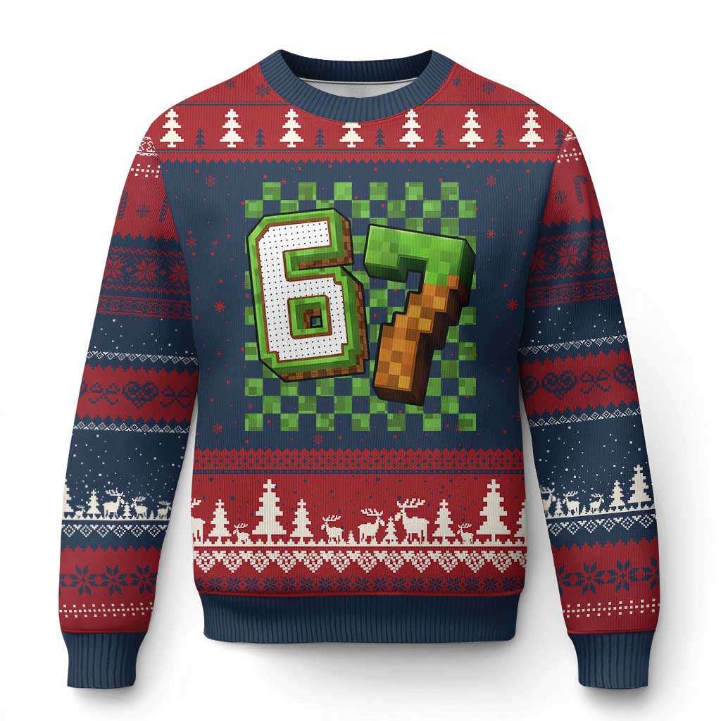 Funny 67 Pixel Style Graphic Ugly Christmas Sweater Viral Six Seven Meme Gamer TS02 Navy Red Print Your Wear