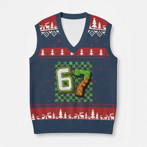 Funny 67 Pixel Style Graphic V-Neck Knit Sweater Vest Viral Six Seven Meme Gamer TS02 Navy Red Print Your Wear