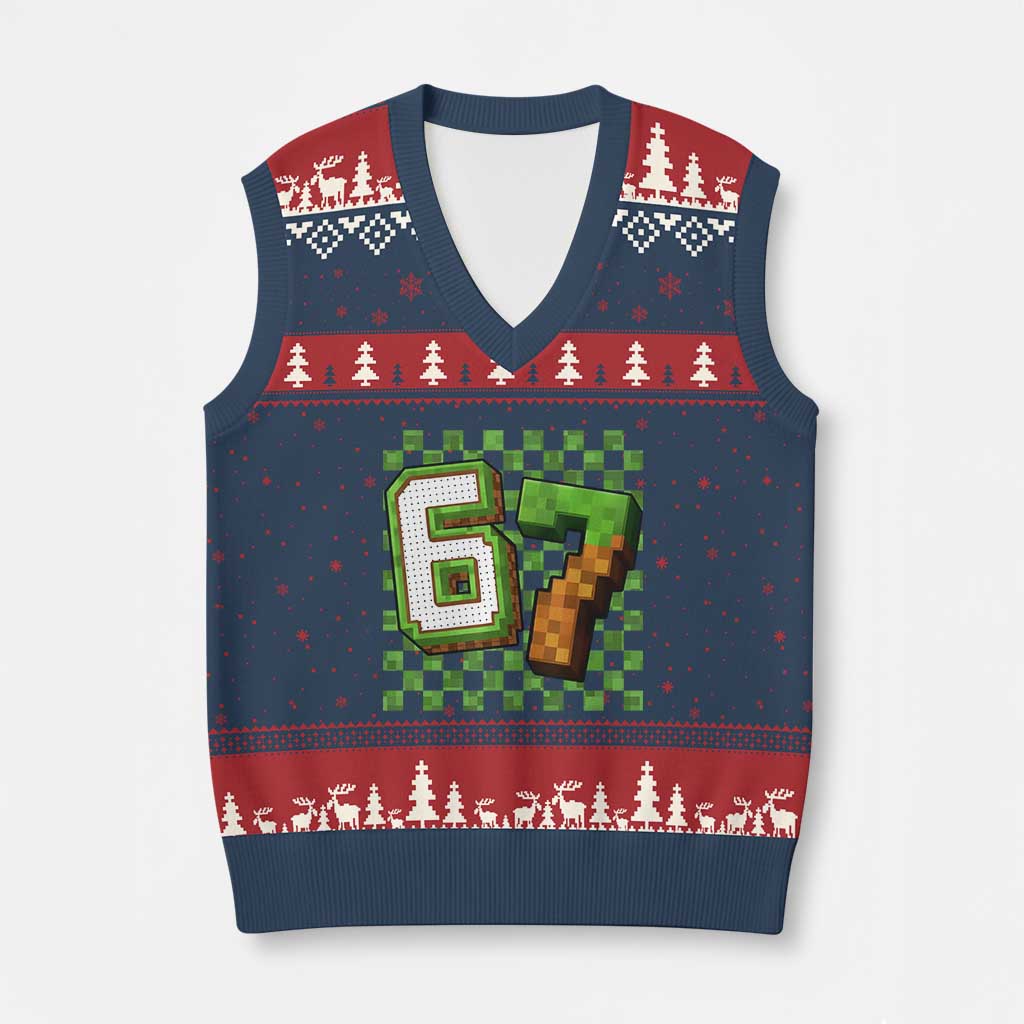 Funny 67 Pixel Style Graphic V-Neck Knit Sweater Vest Viral Six Seven Meme Gamer TS02 Navy Red Print Your Wear
